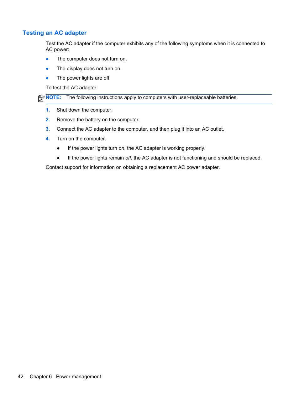 Testing an ac adapter | HP ProBook 430 G1 Notebook PC User Manual | Page 52 / 107