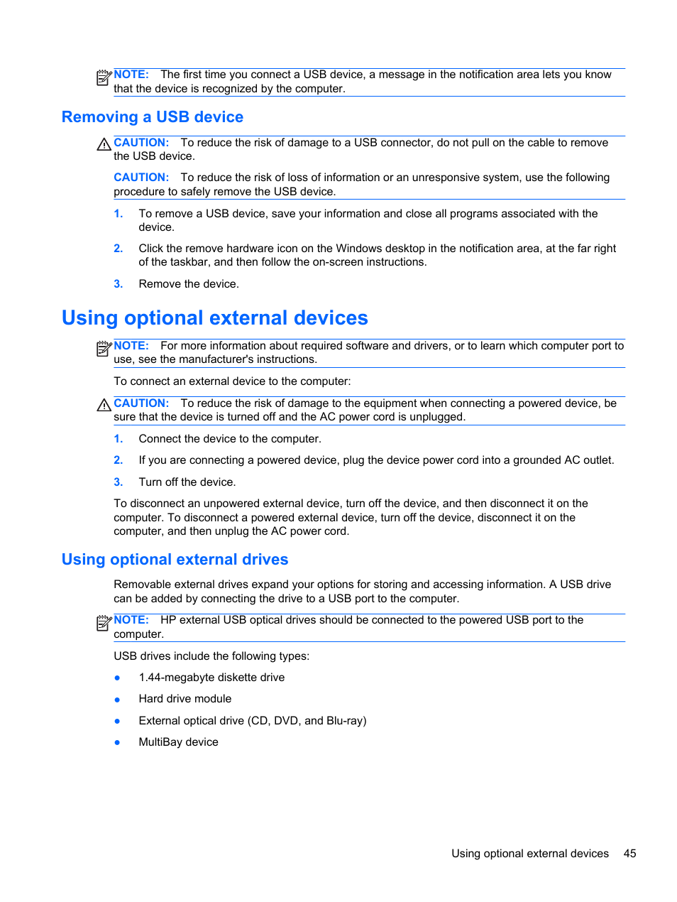 Removing a usb device, Using optional external devices, Using optional external drives | HP ProBook 430 G1 Notebook PC User Manual | Page 55 / 107