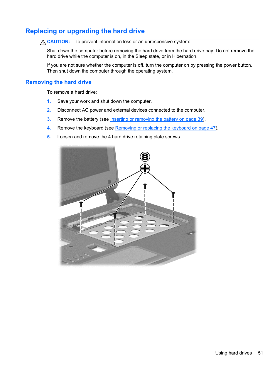 Replacing or upgrading the hard drive, Removing the hard drive | HP ProBook 430 G1 Notebook PC User Manual | Page 61 / 107