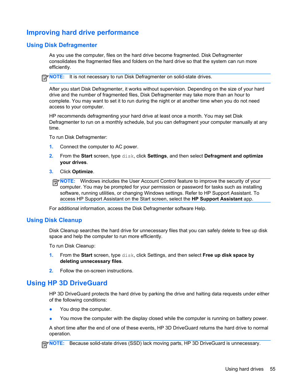 Improving hard drive performance, Using disk defragmenter, Using disk cleanup | Using hp 3d driveguard, Using disk defragmenter using disk cleanup | HP ProBook 430 G1 Notebook PC User Manual | Page 65 / 107