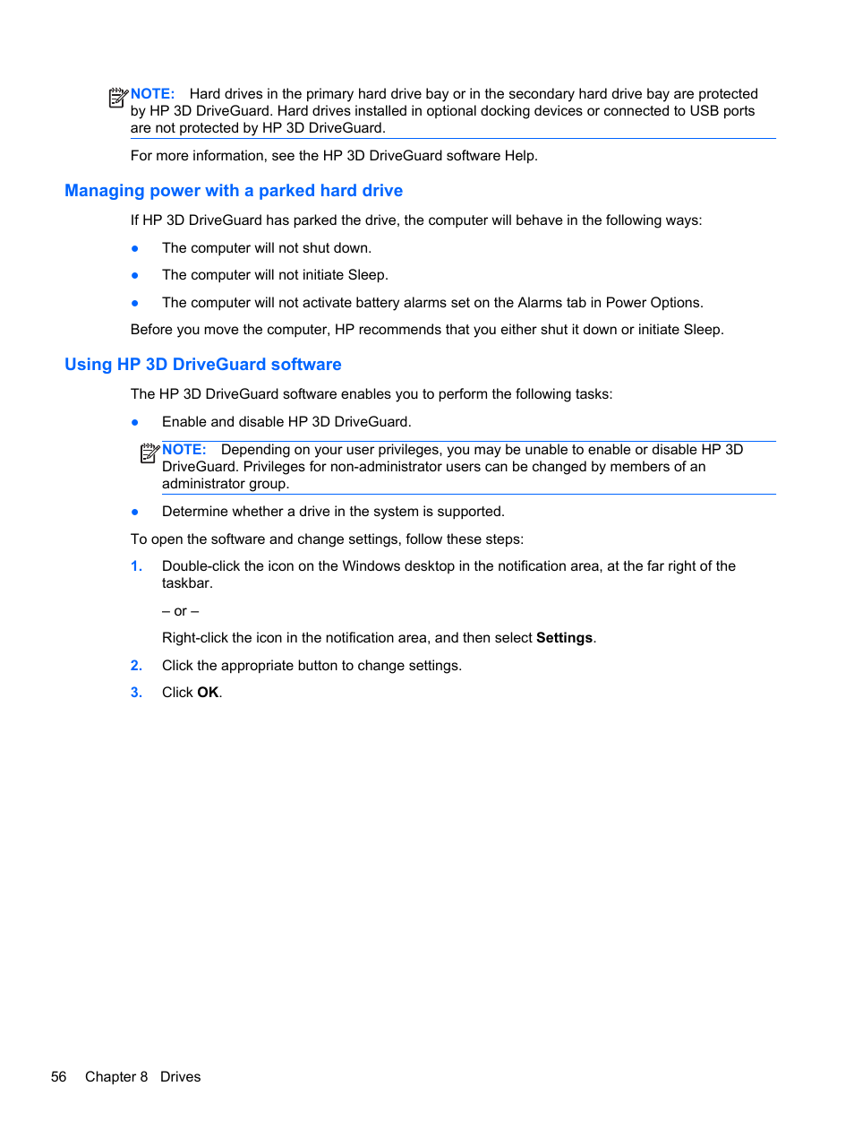 Managing power with a parked hard drive, Using hp 3d driveguard software | HP ProBook 430 G1 Notebook PC User Manual | Page 66 / 107