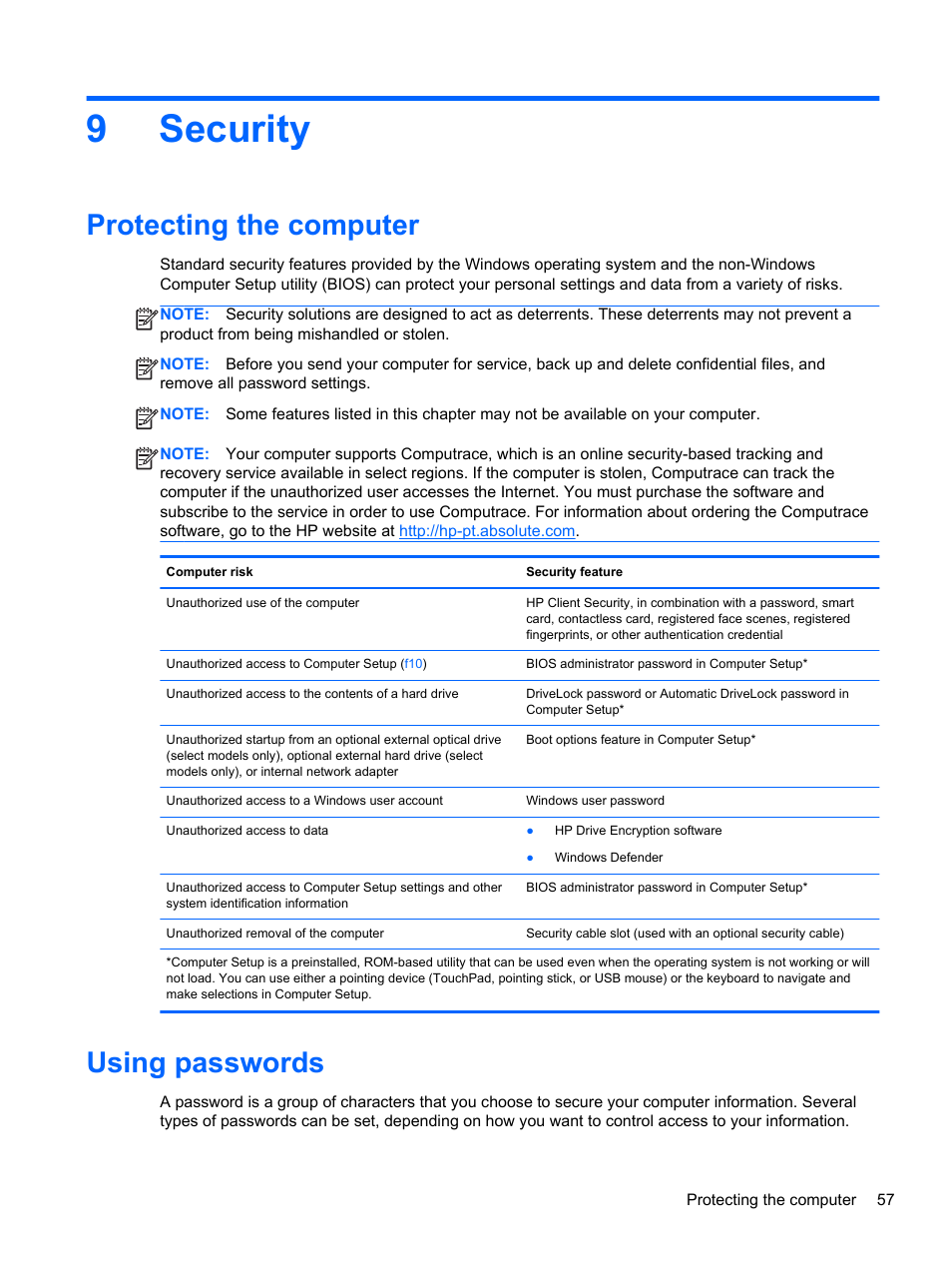 Security, Protecting the computer, Using passwords | 9 security, Protecting the computer using passwords, 9security | HP ProBook 430 G1 Notebook PC User Manual | Page 67 / 107