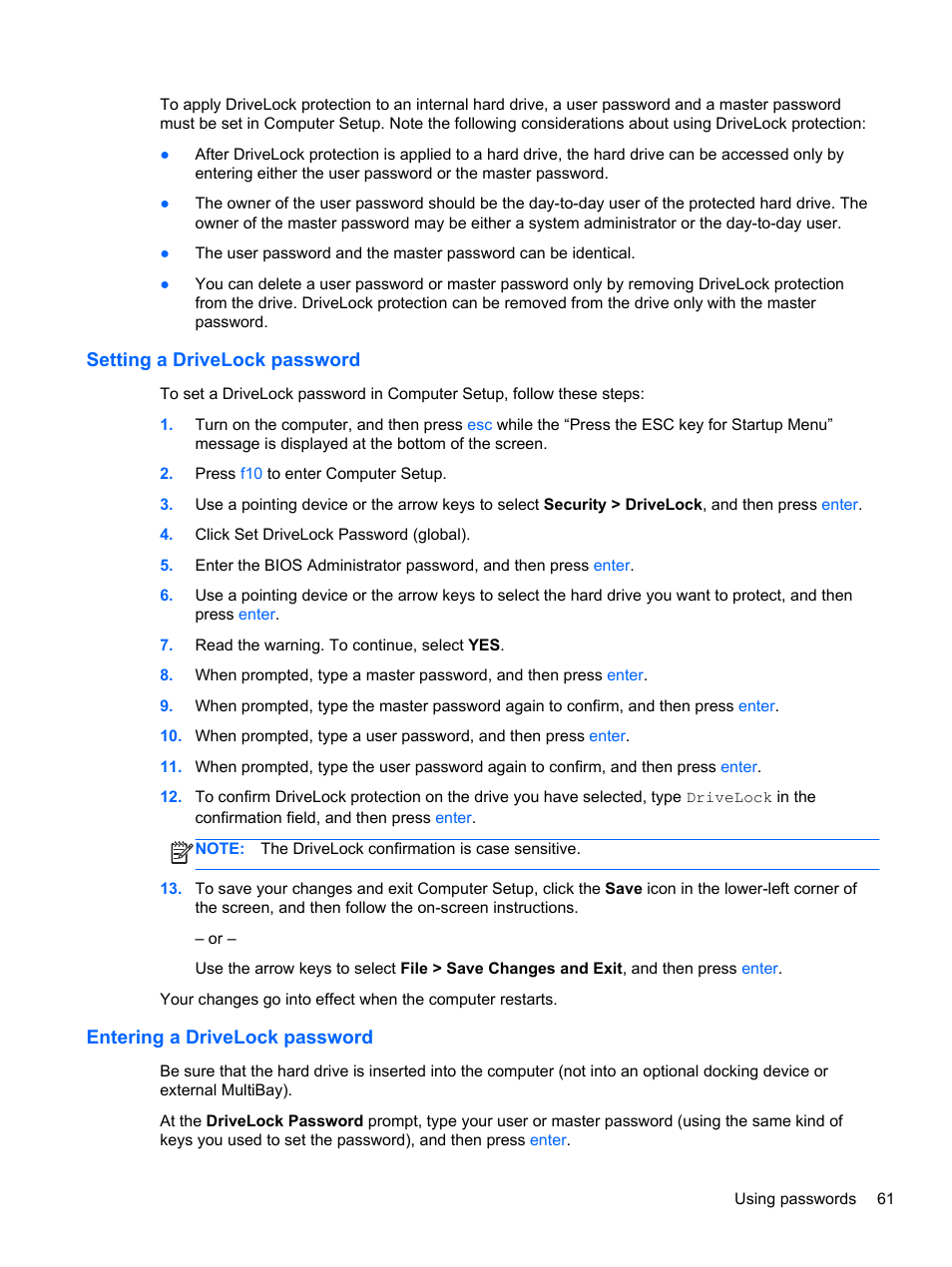 Setting a drivelock password, Entering a drivelock password | HP ProBook 430 G1 Notebook PC User Manual | Page 71 / 107