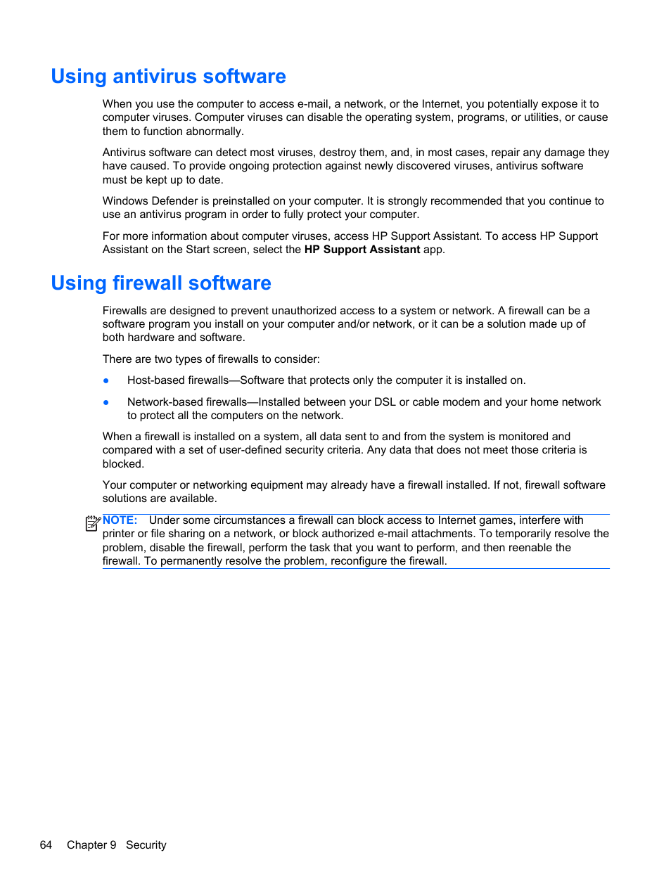 Using antivirus software, Using firewall software, Using antivirus software using firewall software | HP ProBook 430 G1 Notebook PC User Manual | Page 74 / 107