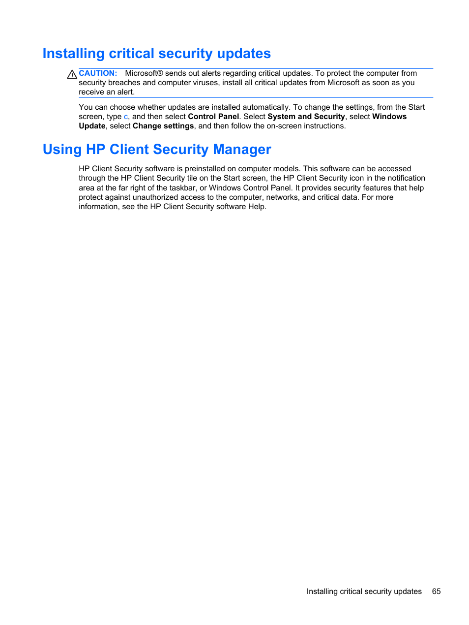 Installing critical security updates, Using hp client security manager | HP ProBook 430 G1 Notebook PC User Manual | Page 75 / 107