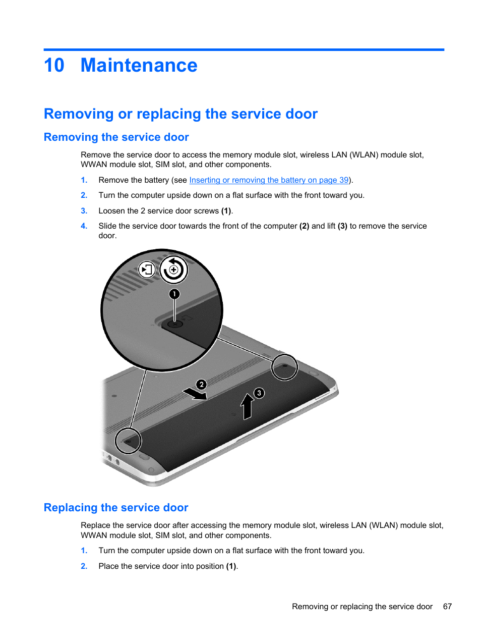 Maintenance, Removing or replacing the service door, Removing the service door | Replacing the service door, 10 maintenance | HP ProBook 430 G1 Notebook PC User Manual | Page 77 / 107