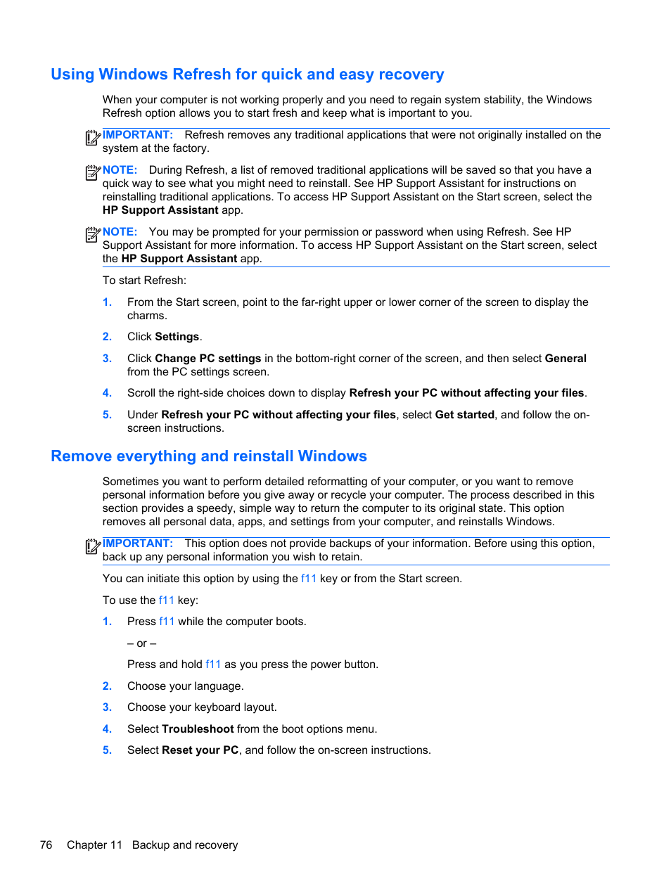 Using windows refresh for quick and easy recovery, Remove everything and reinstall windows | HP ProBook 430 G1 Notebook PC User Manual | Page 86 / 107