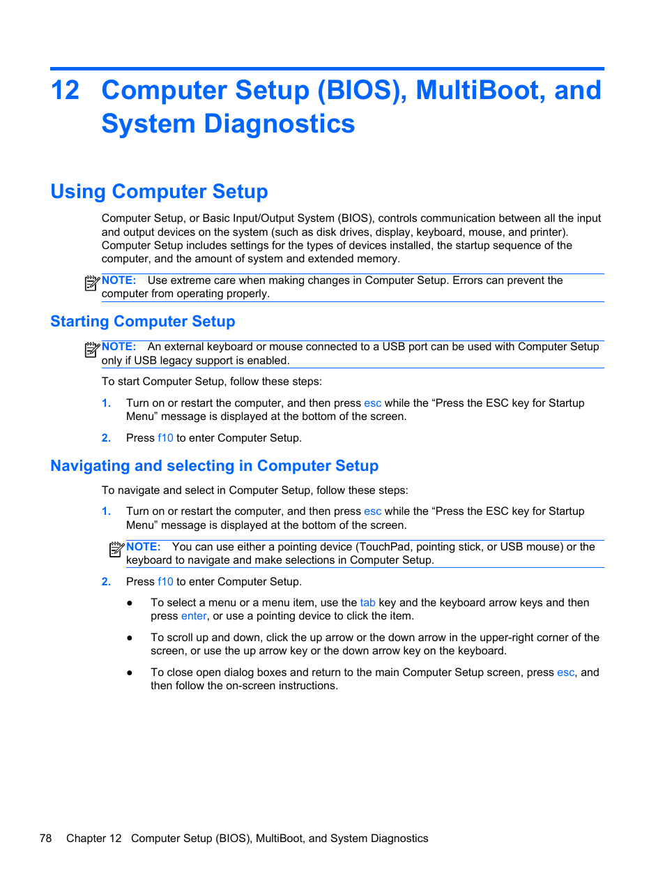 Using computer setup, Starting computer setup, Navigating and selecting in computer setup | HP ProBook 430 G1 Notebook PC User Manual | Page 88 / 107