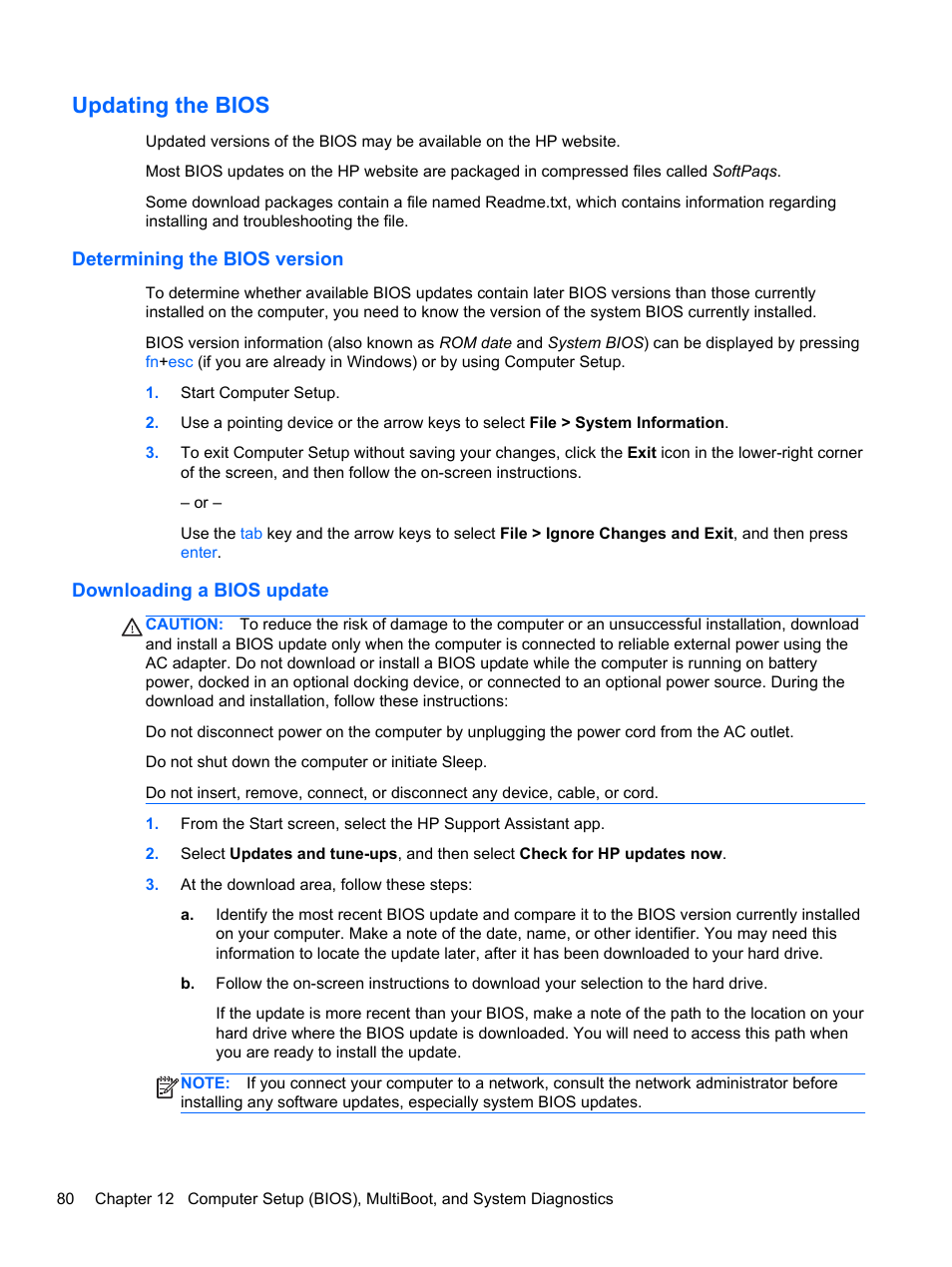 Updating the bios, Determining the bios version, Downloading a bios update | HP ProBook 430 G1 Notebook PC User Manual | Page 90 / 107