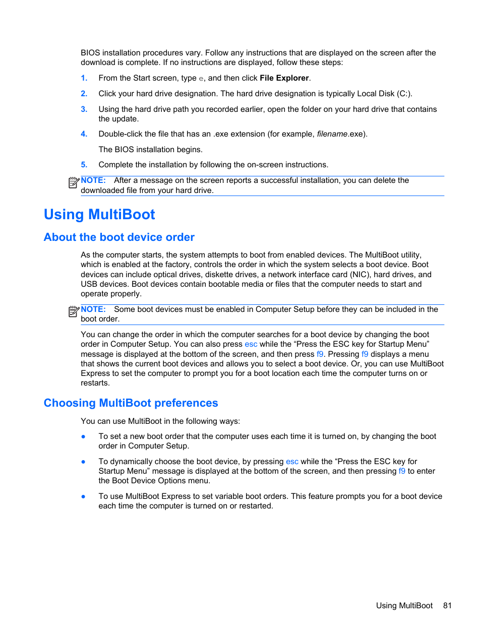 Using multiboot, About the boot device order, Choosing multiboot preferences | HP ProBook 430 G1 Notebook PC User Manual | Page 91 / 107