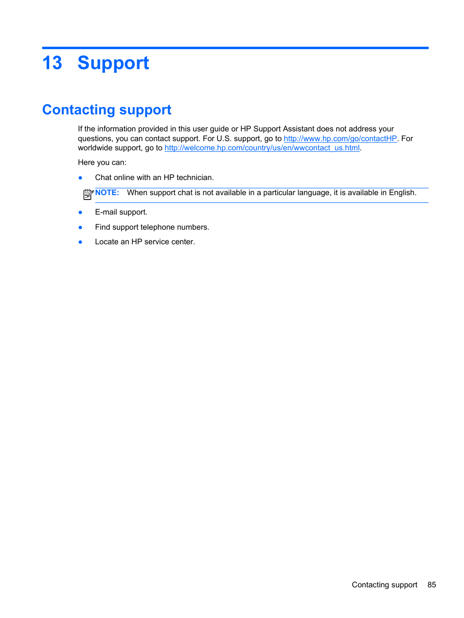 Support, Contacting support, 13 support | HP ProBook 430 G1 Notebook PC User Manual | Page 95 / 107