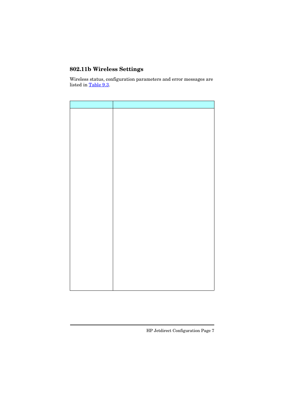 11b wireless settings, Table 9.3 | HP Jetdirect 280m 802.11b Wireless Print Server User Manual | Page 148 / 175