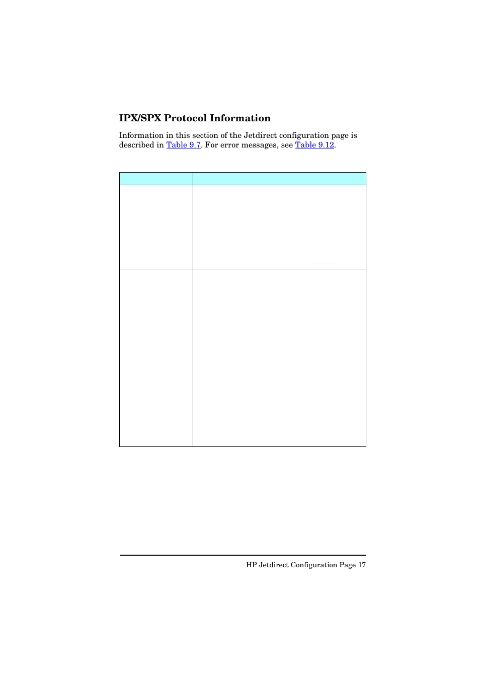 Ipx/spx protocol information, Table 9.7 | HP Jetdirect 280m 802.11b Wireless Print Server User Manual | Page 158 / 175