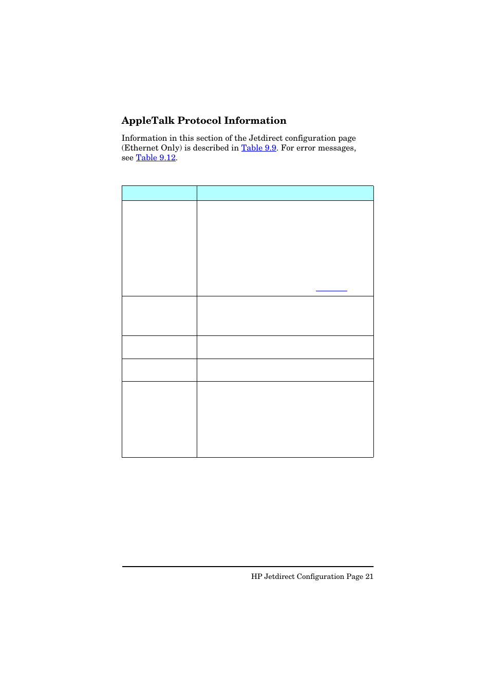 Appletalk protocol information, Table 9.9 | HP Jetdirect 280m 802.11b Wireless Print Server User Manual | Page 162 / 175