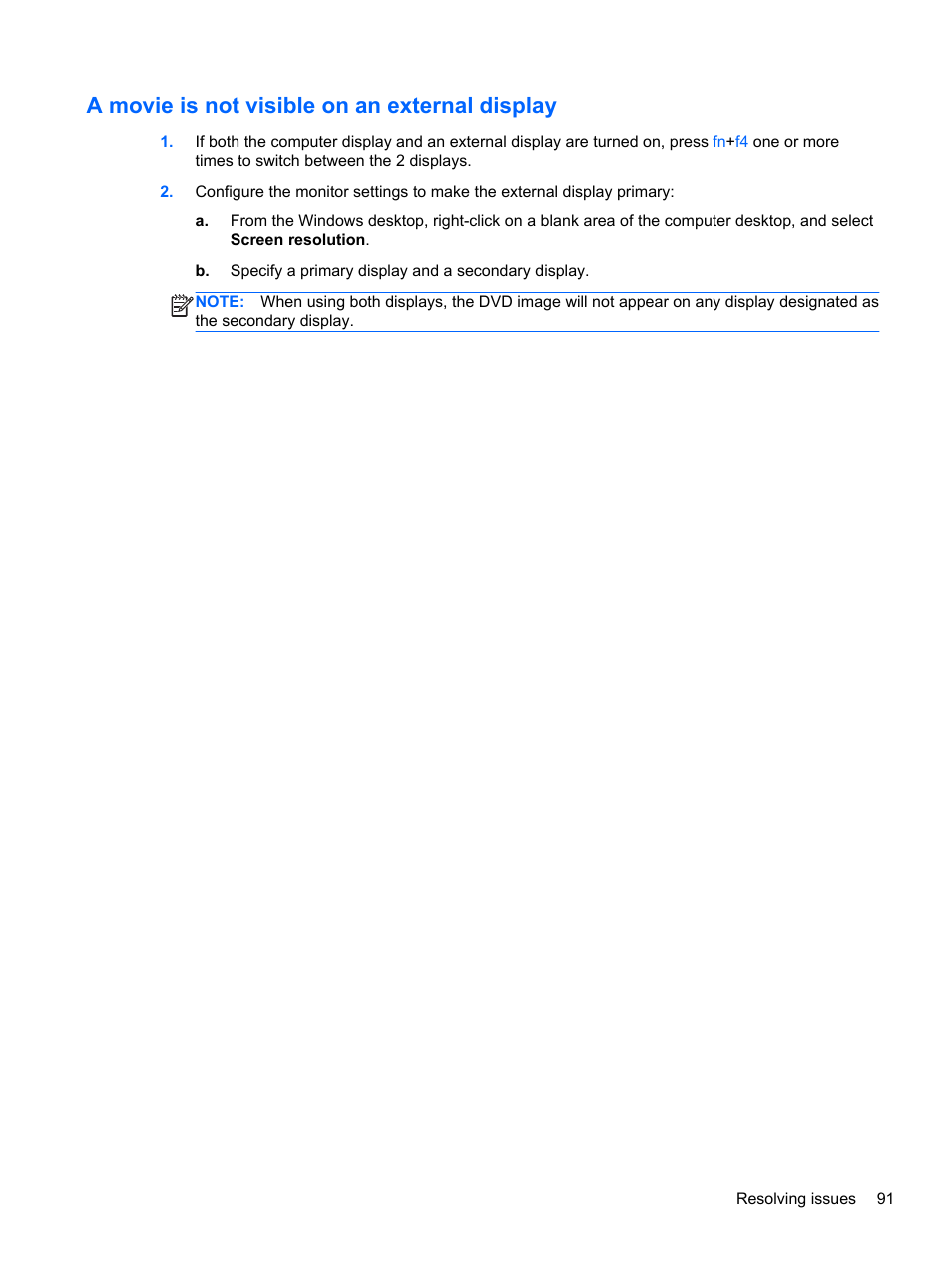 A movie is not visible on an external display | HP ZBook 17 Mobile Workstation User Manual | Page 101 / 107