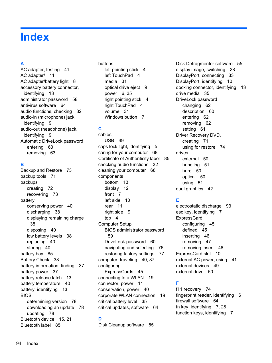 Index | HP ZBook 17 Mobile Workstation User Manual | Page 104 / 107