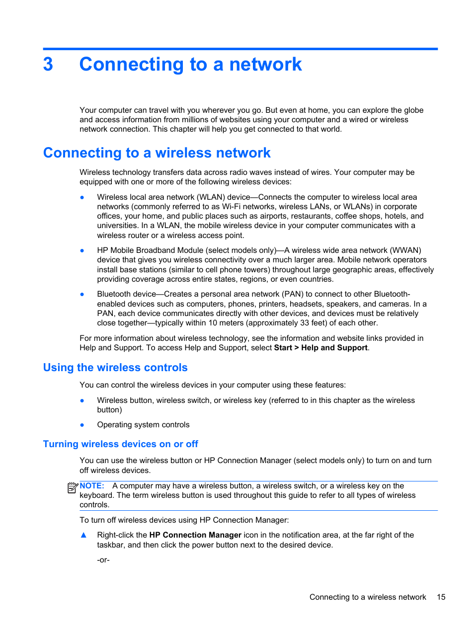 Connecting to a network, Connecting to a wireless network, Using the wireless controls | Turning wireless devices on or off, 3 connecting to a network, 3connecting to a network | HP ZBook 17 Mobile Workstation User Manual | Page 25 / 107