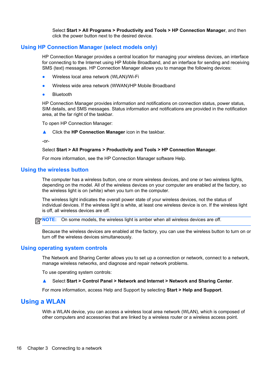 Using hp connection manager (select models only), Using the wireless button, Using operating system controls | Using a wlan | HP ZBook 17 Mobile Workstation User Manual | Page 26 / 107