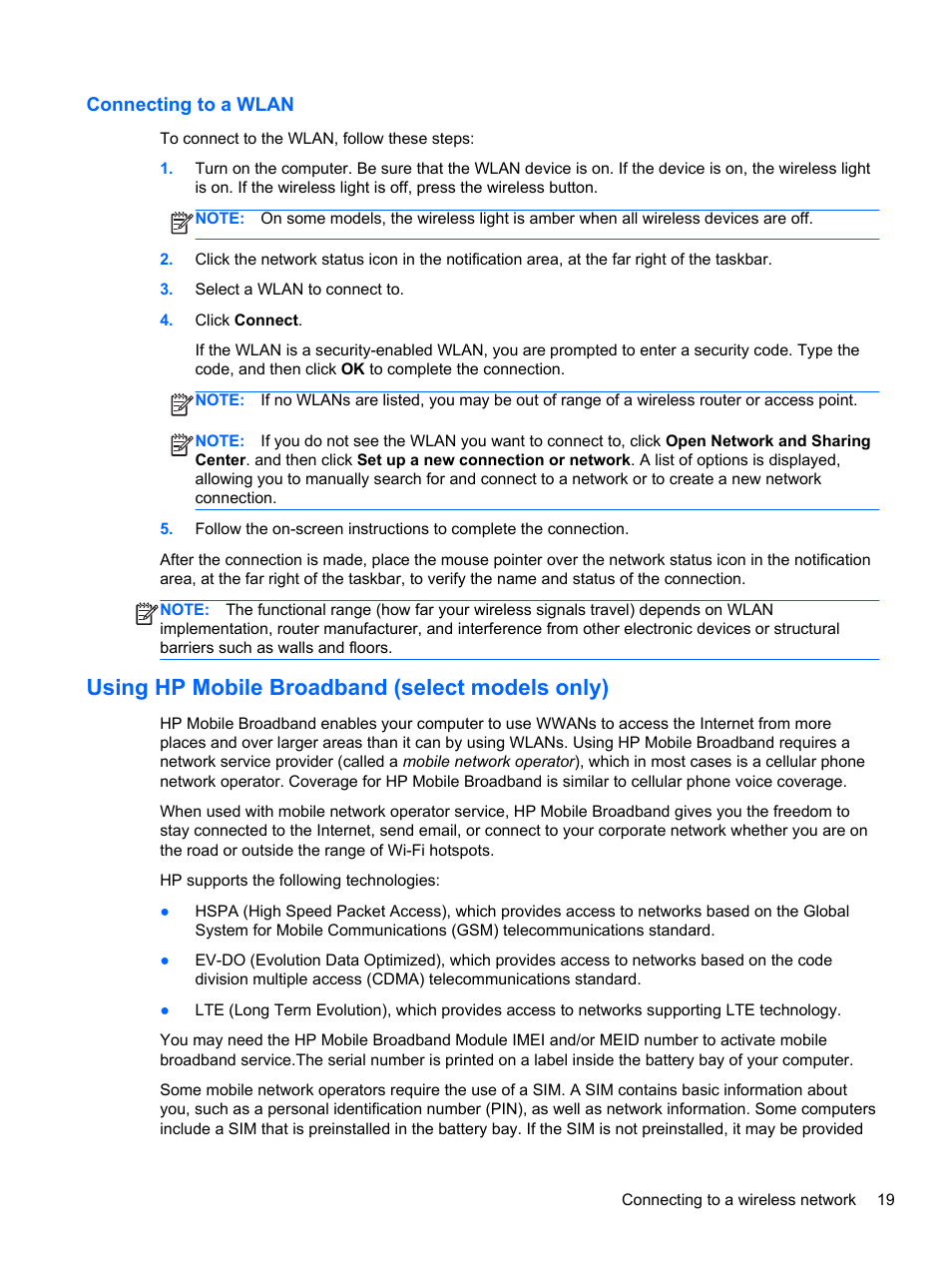 Connecting to a wlan, Using hp mobile broadband (select models only) | HP ZBook 17 Mobile Workstation User Manual | Page 29 / 107