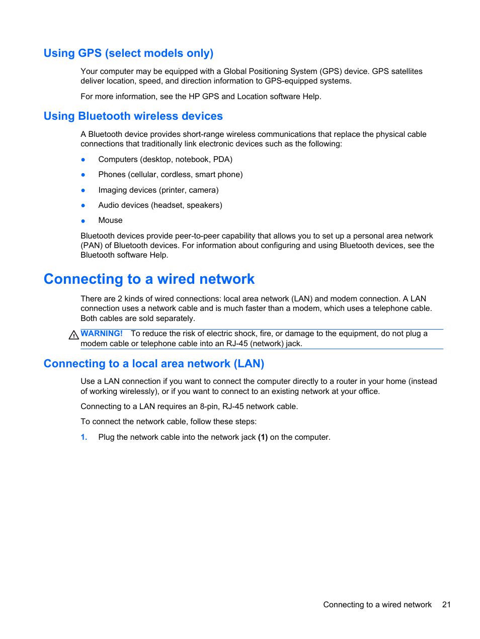 Using gps (select models only), Using bluetooth wireless devices, Connecting to a wired network | Connecting to a local area network (lan) | HP ZBook 17 Mobile Workstation User Manual | Page 31 / 107