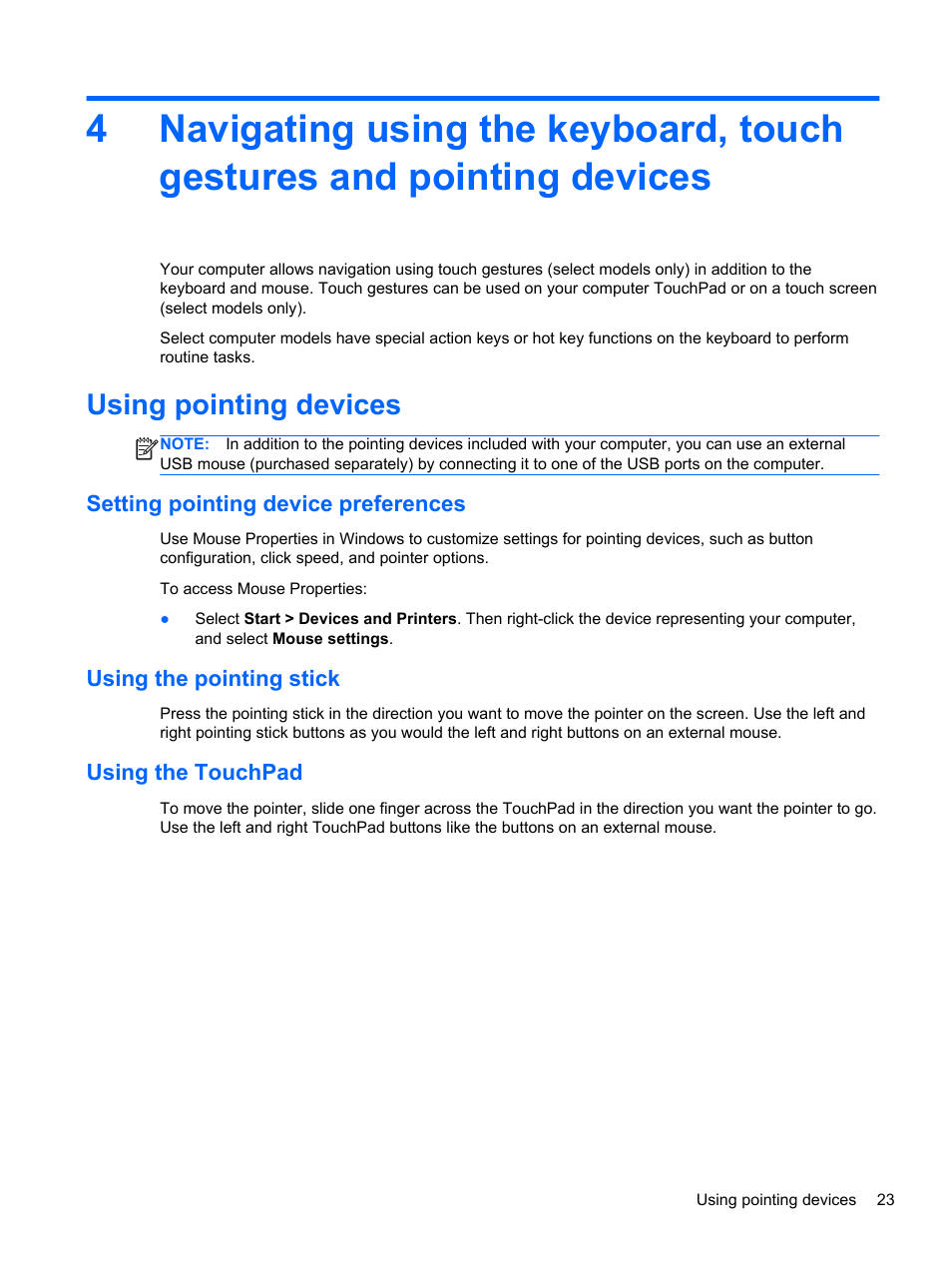 Using pointing devices, Setting pointing device preferences, Using the pointing stick | Using the touchpad | HP ZBook 17 Mobile Workstation User Manual | Page 33 / 107