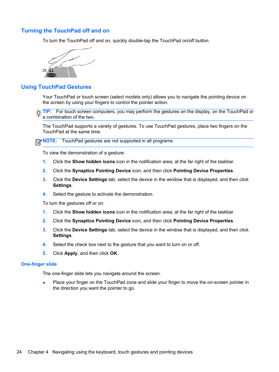 Turning the touchpad off and on, Using touchpad gestures, One-finger slide | HP ZBook 17 Mobile Workstation User Manual | Page 34 / 107