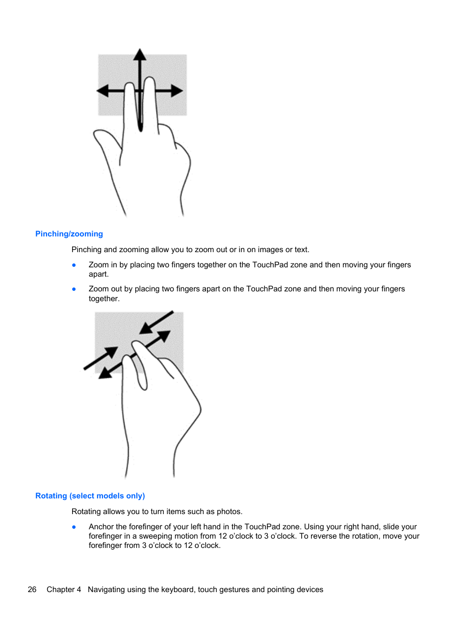 Pinching/zooming, Rotating (select models only), Pinching/zooming rotating (select models only) | HP ZBook 17 Mobile Workstation User Manual | Page 36 / 107
