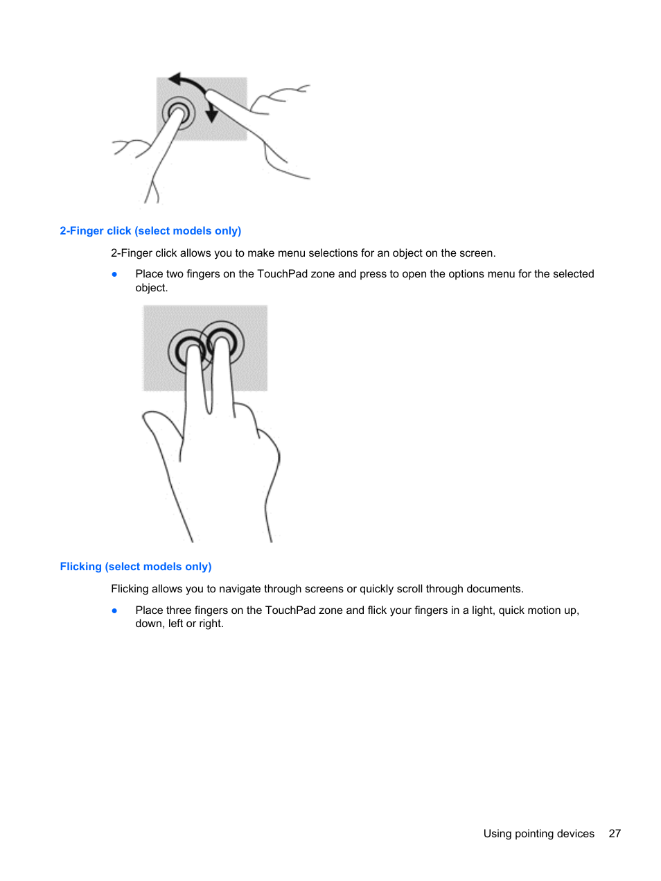 Finger click (select models only), Flicking (select models only) | HP ZBook 17 Mobile Workstation User Manual | Page 37 / 107