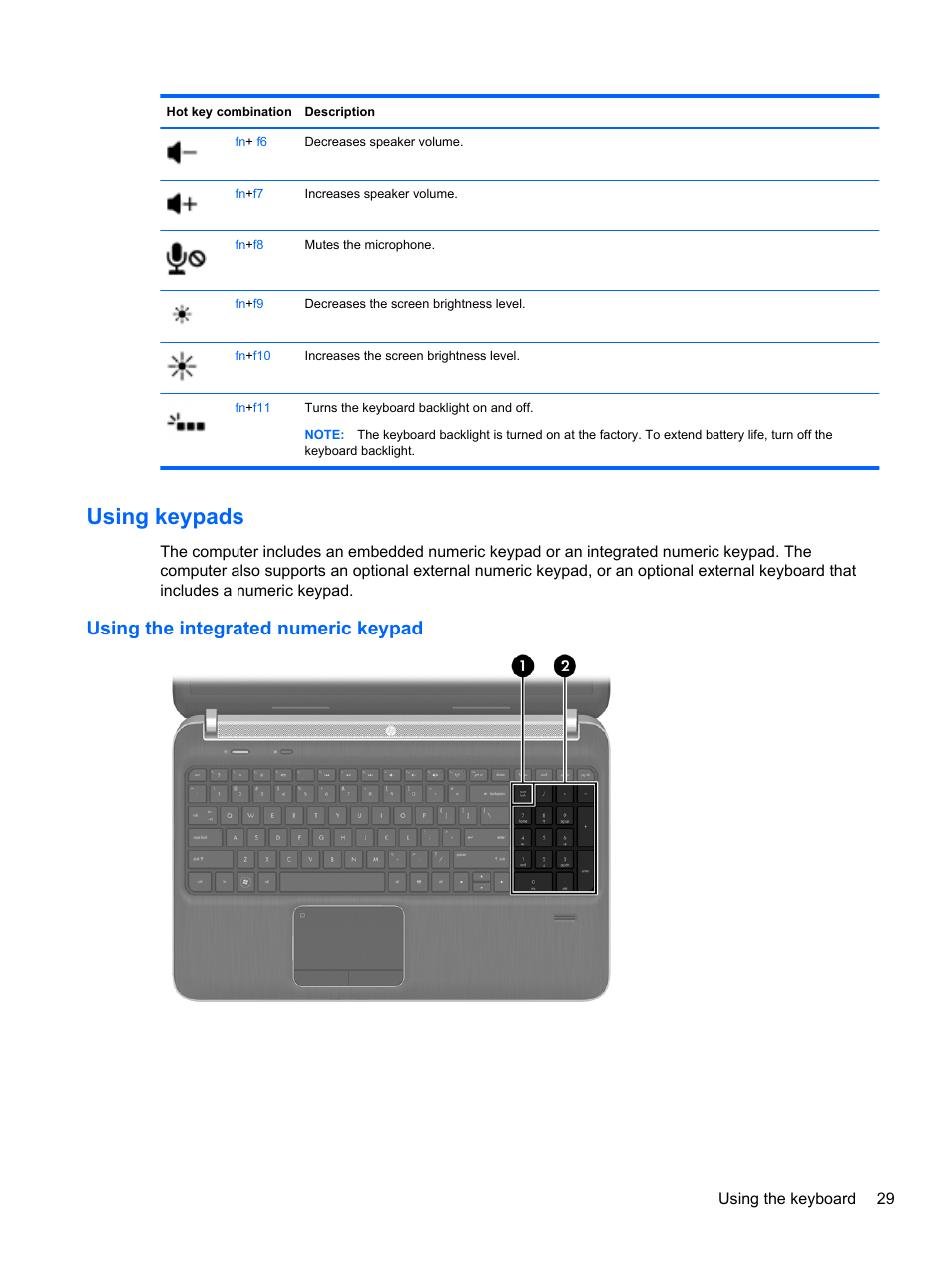 Using keypads, Using the integrated numeric keypad | HP ZBook 17 Mobile Workstation User Manual | Page 39 / 107