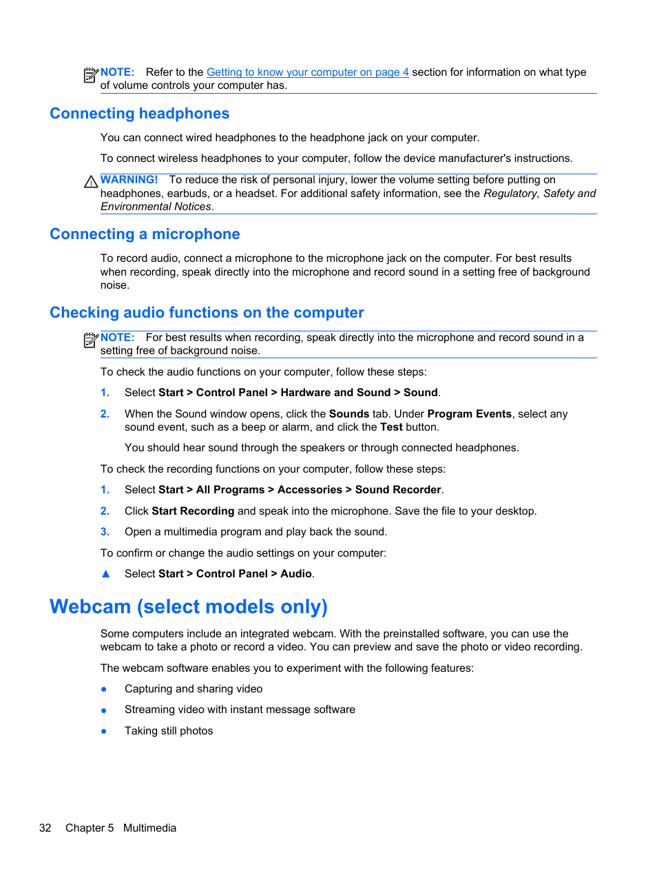 Connecting headphones, Connecting a microphone, Checking audio functions on the computer | Webcam (select models only) | HP ZBook 17 Mobile Workstation User Manual | Page 42 / 107
