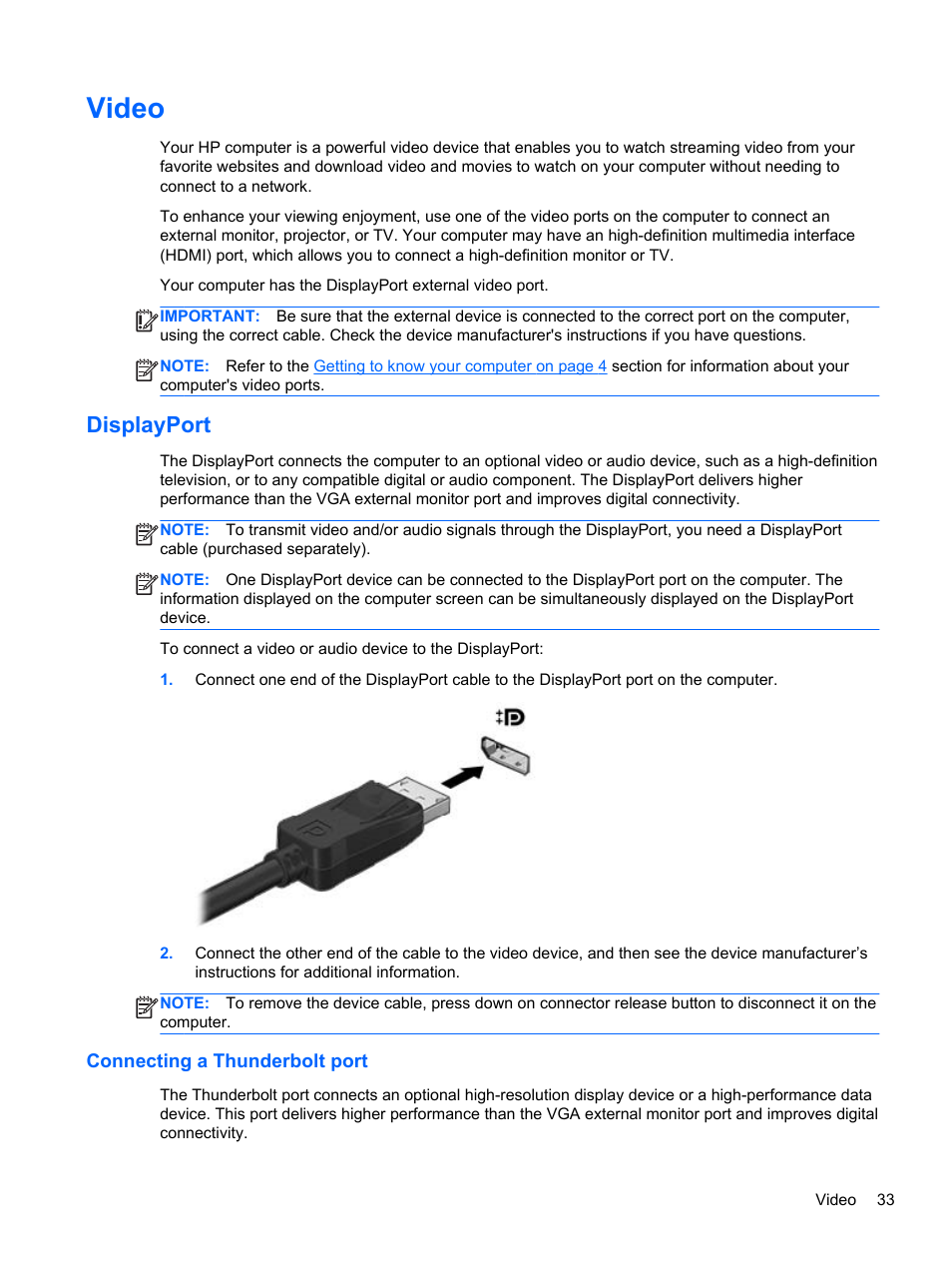Video, Displayport, Connecting a thunderbolt port | HP ZBook 17 Mobile Workstation User Manual | Page 43 / 107