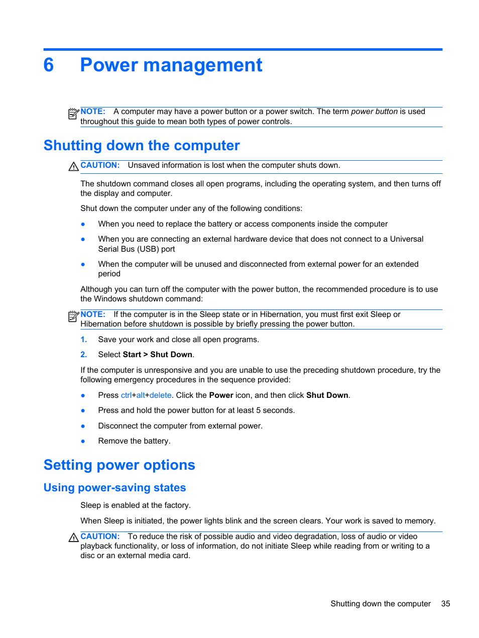 Power management, Shutting down the computer, Setting power options | Using power-saving states, 6 power management, Shutting down the computer setting power options, 6power management | HP ZBook 17 Mobile Workstation User Manual | Page 45 / 107