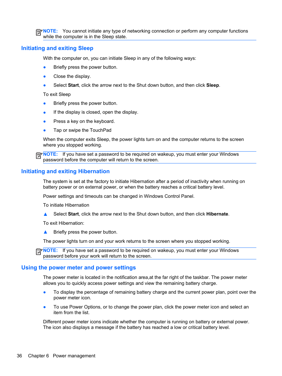 Initiating and exiting sleep, Initiating and exiting hibernation, Using the power meter and power settings | HP ZBook 17 Mobile Workstation User Manual | Page 46 / 107