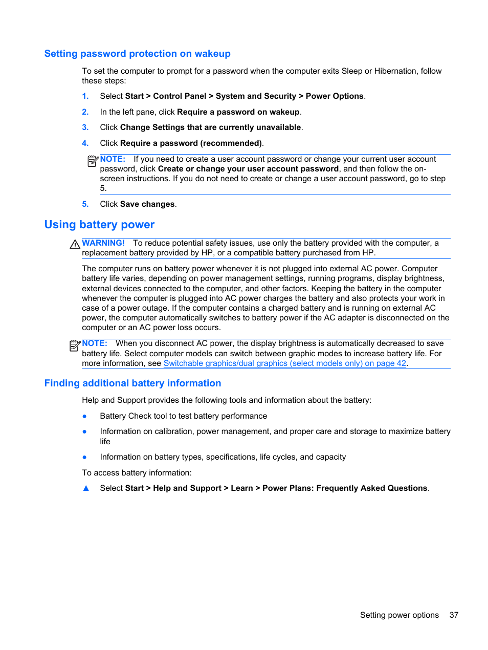 Setting password protection on wakeup, Using battery power, Finding additional battery information | HP ZBook 17 Mobile Workstation User Manual | Page 47 / 107