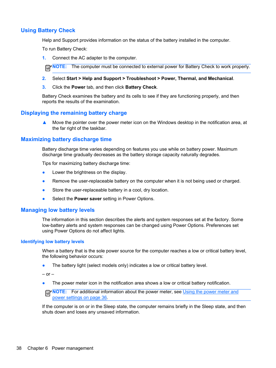 Using battery check, Displaying the remaining battery charge, Maximizing battery discharge time | Managing low battery levels, Identifying low battery levels | HP ZBook 17 Mobile Workstation User Manual | Page 48 / 107