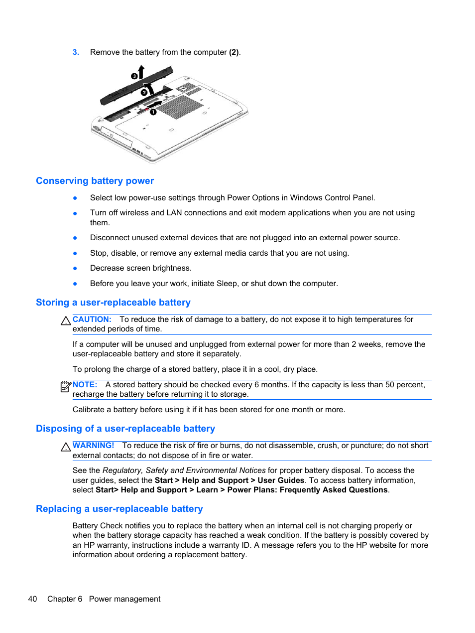 Conserving battery power, Storing a user-replaceable battery, Disposing of a user-replaceable battery | Replacing a user-replaceable battery | HP ZBook 17 Mobile Workstation User Manual | Page 50 / 107