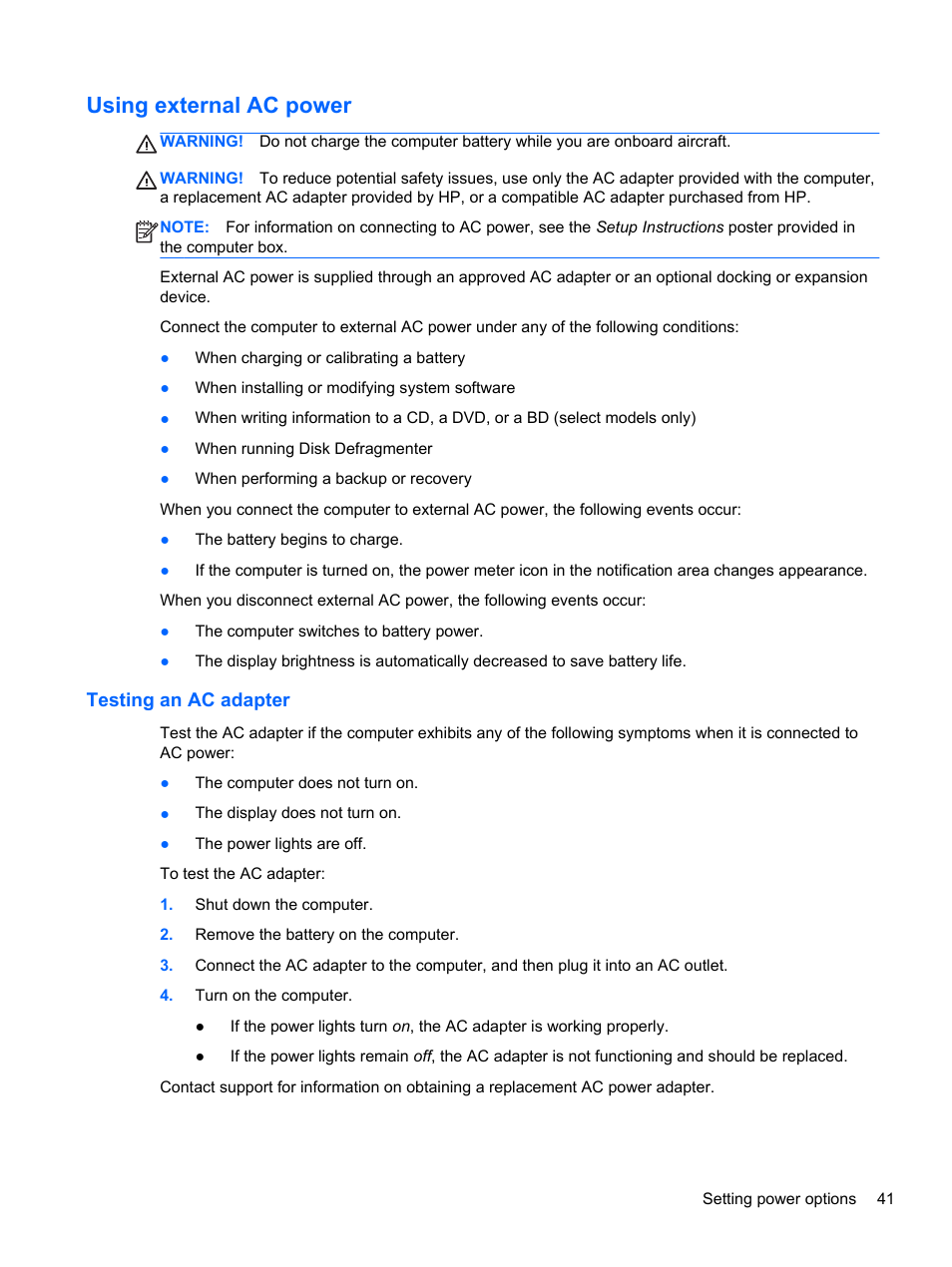 Using external ac power, Testing an ac adapter | HP ZBook 17 Mobile Workstation User Manual | Page 51 / 107