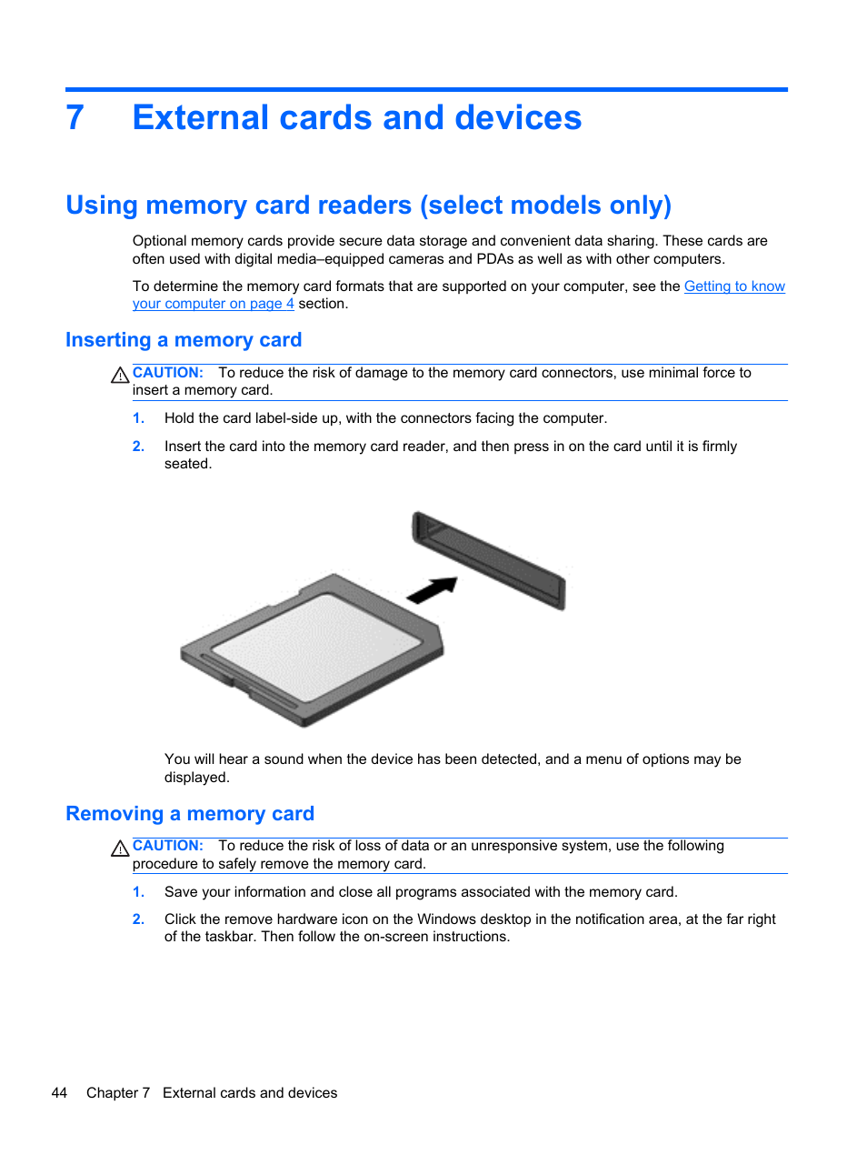 External cards and devices, Using memory card readers (select models only), Inserting a memory card | Removing a memory card, 7 external cards and devices, Inserting a memory card removing a memory card, 7external cards and devices | HP ZBook 17 Mobile Workstation User Manual | Page 54 / 107