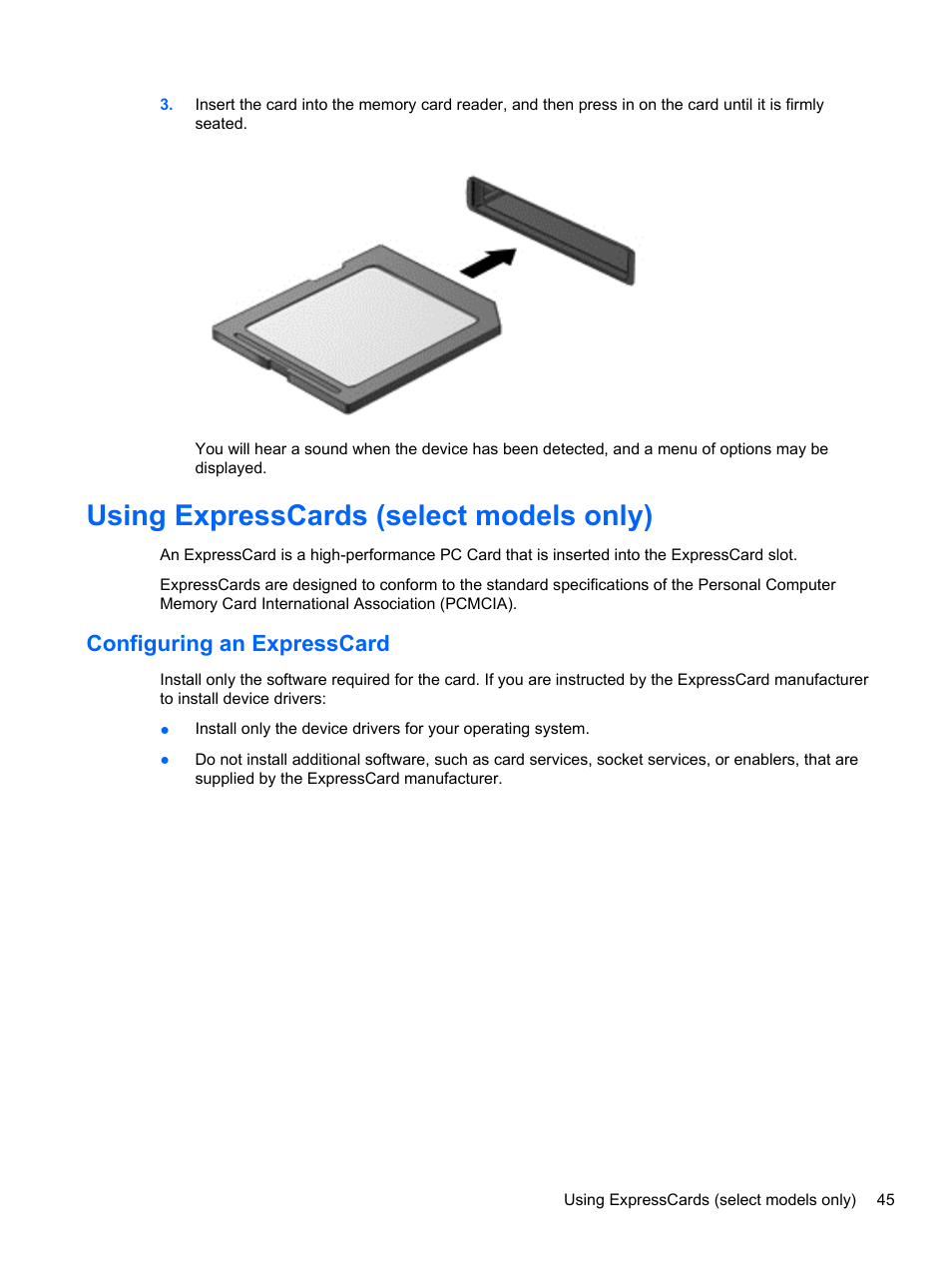Using expresscards (select models only), Configuring an expresscard | HP ZBook 17 Mobile Workstation User Manual | Page 55 / 107