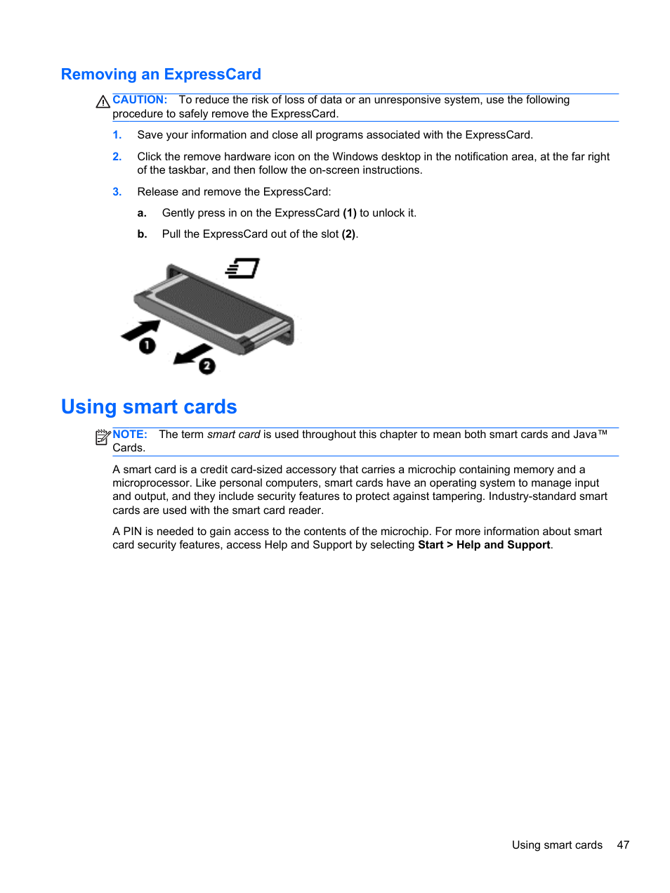 Removing an expresscard, Using smart cards | HP ZBook 17 Mobile Workstation User Manual | Page 57 / 107