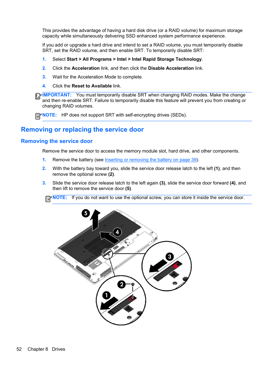 Removing or replacing the service door, Removing the service door | HP ZBook 17 Mobile Workstation User Manual | Page 62 / 107