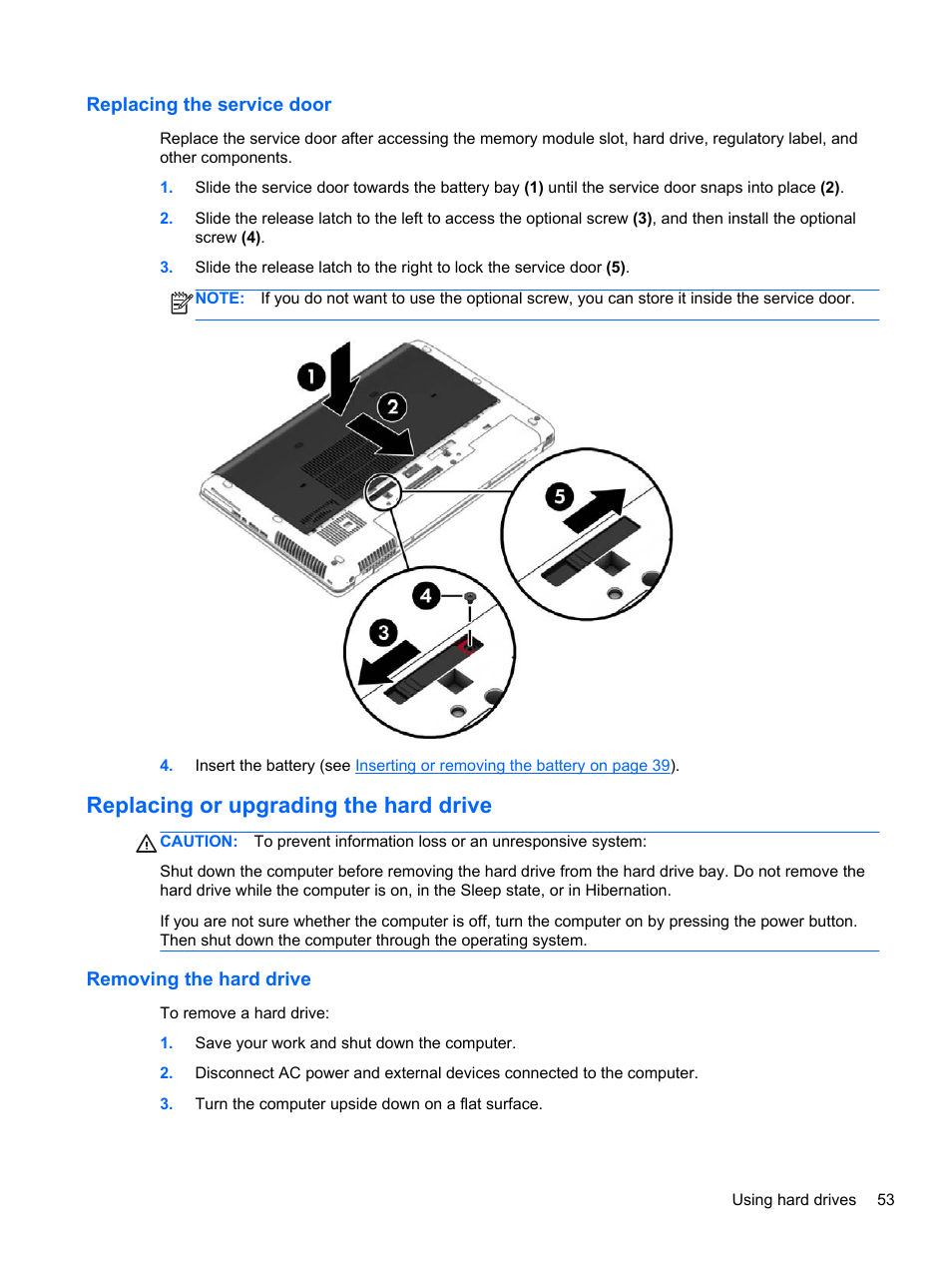 Replacing the service door, Replacing or upgrading the hard drive, Removing the hard drive | HP ZBook 17 Mobile Workstation User Manual | Page 63 / 107