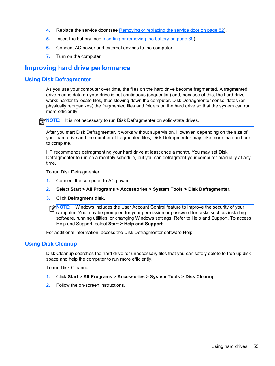 Improving hard drive performance, Using disk defragmenter, Using disk cleanup | Using disk defragmenter using disk cleanup | HP ZBook 17 Mobile Workstation User Manual | Page 65 / 107