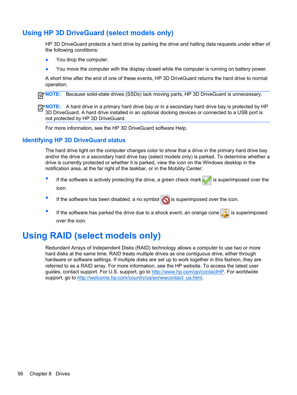 Using hp 3d driveguard (select models only), Identifying hp 3d driveguard status, Using raid (select models only) | HP ZBook 17 Mobile Workstation User Manual | Page 66 / 107