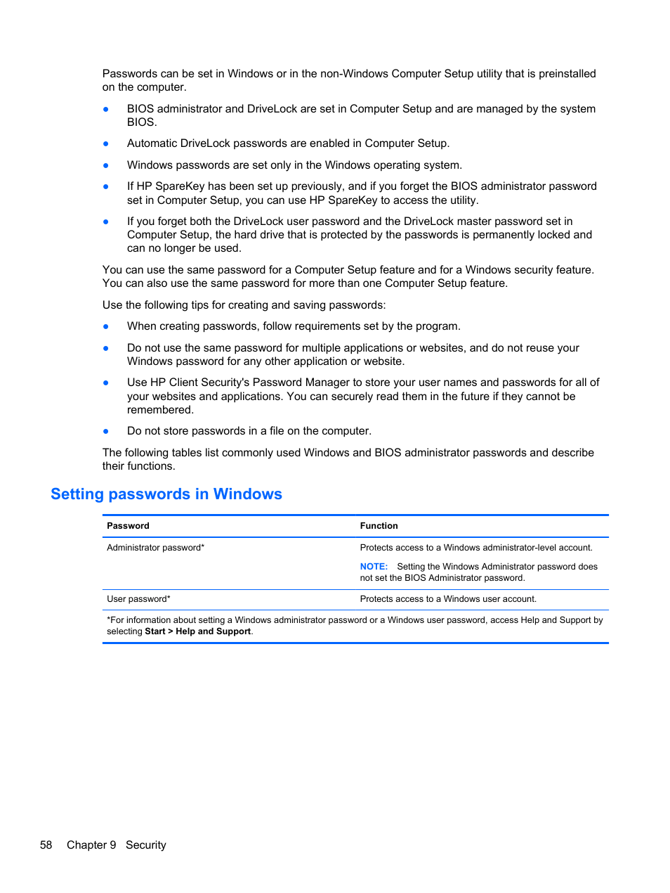 Setting passwords in windows | HP ZBook 17 Mobile Workstation User Manual | Page 68 / 107