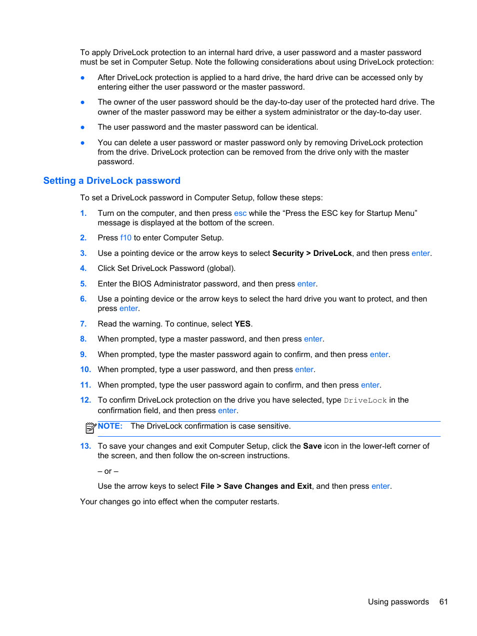 Setting a drivelock password | HP ZBook 17 Mobile Workstation User Manual | Page 71 / 107