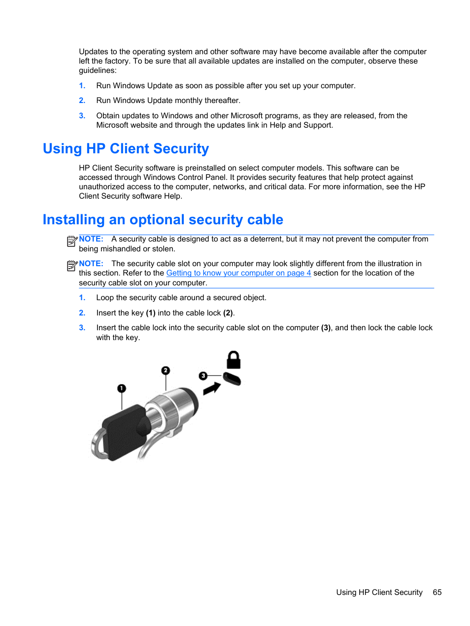 Using hp client security, Installing an optional security cable | HP ZBook 17 Mobile Workstation User Manual | Page 75 / 107