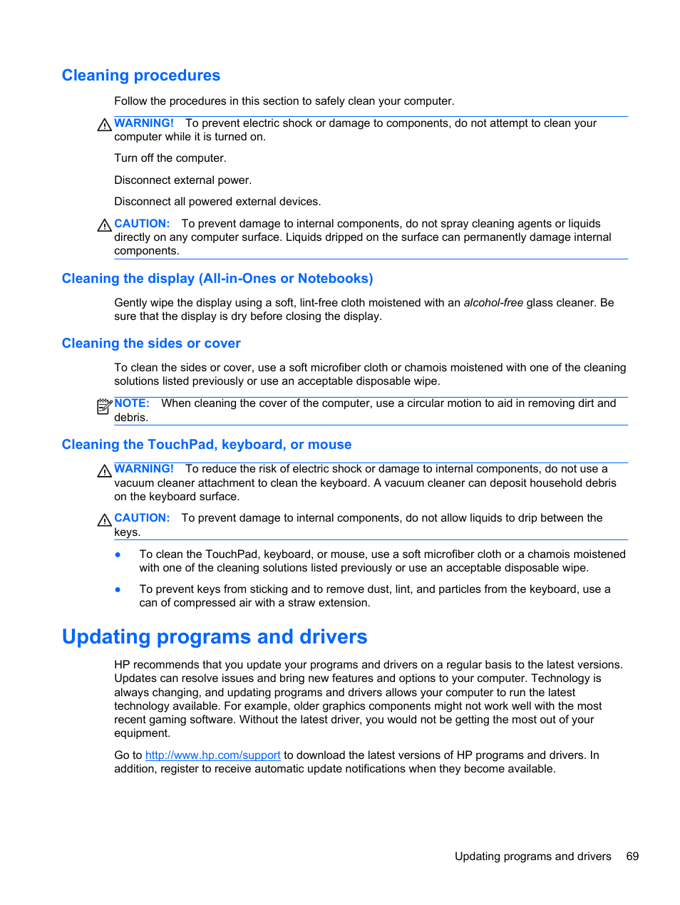 Cleaning procedures, Cleaning the display (all-in-ones or notebooks), Cleaning the sides or cover | Cleaning the touchpad, keyboard, or mouse, Updating programs and drivers | HP ZBook 17 Mobile Workstation User Manual | Page 79 / 107