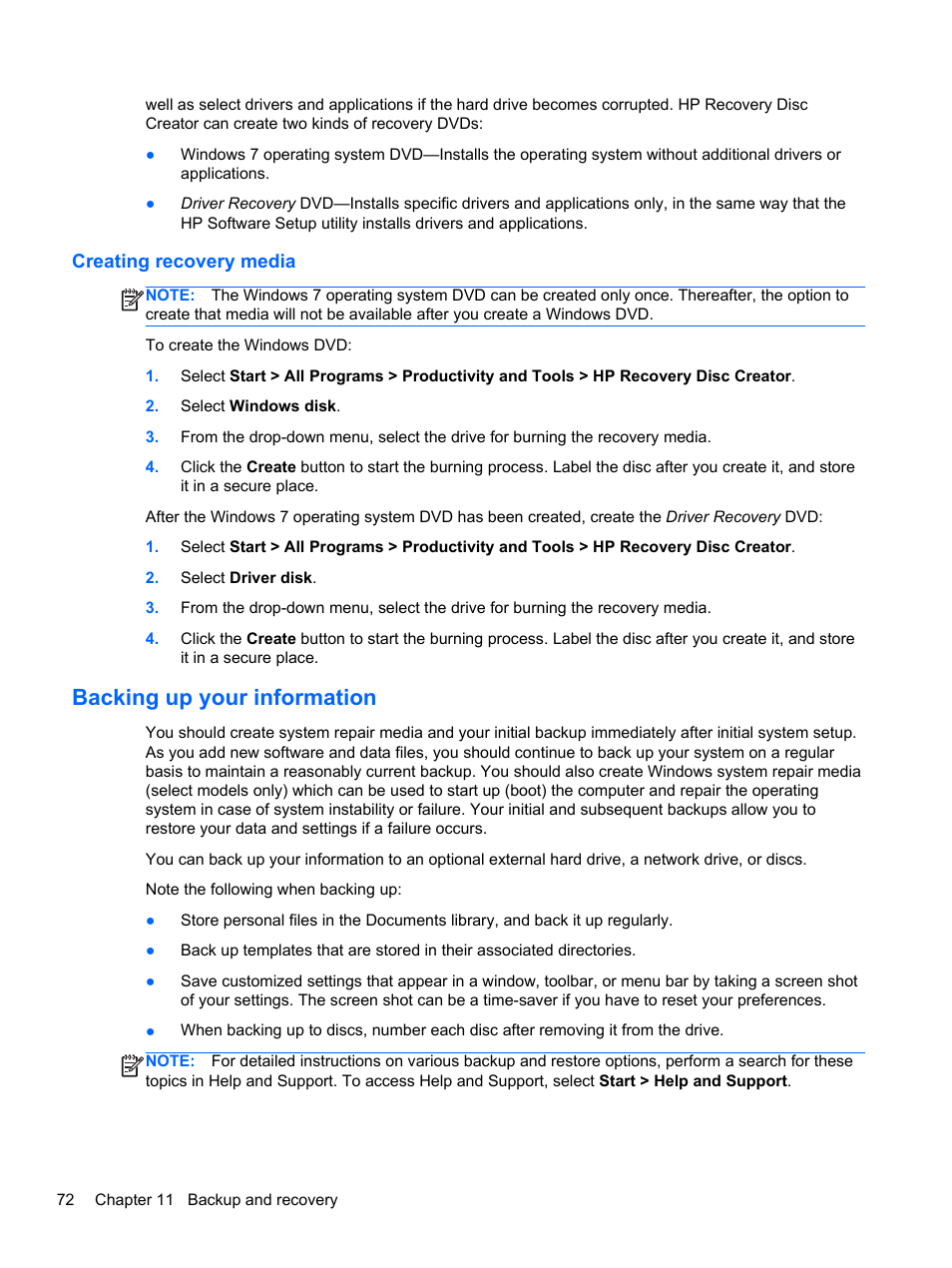 Creating recovery media, Backing up your information | HP ZBook 17 Mobile Workstation User Manual | Page 82 / 107