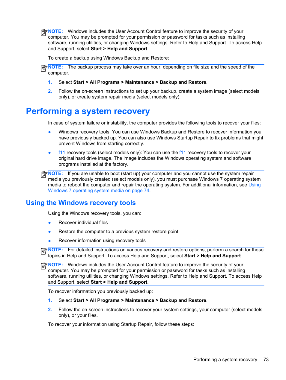 Performing a system recovery, Using the windows recovery tools | HP ZBook 17 Mobile Workstation User Manual | Page 83 / 107